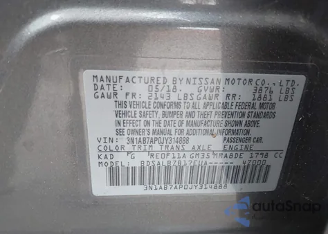 2018 Nissan Sentra S z USA, uszkodzony, nr VIN 3N1AB7AP0JY314888